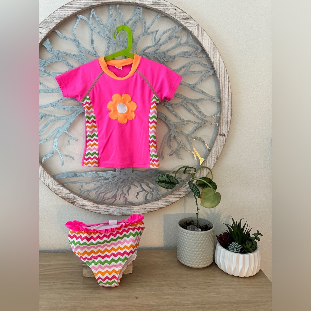 KAVKAS Girl’s Swimsuit Set. Size 6T. Pink, white, orange, green. 2 piece.